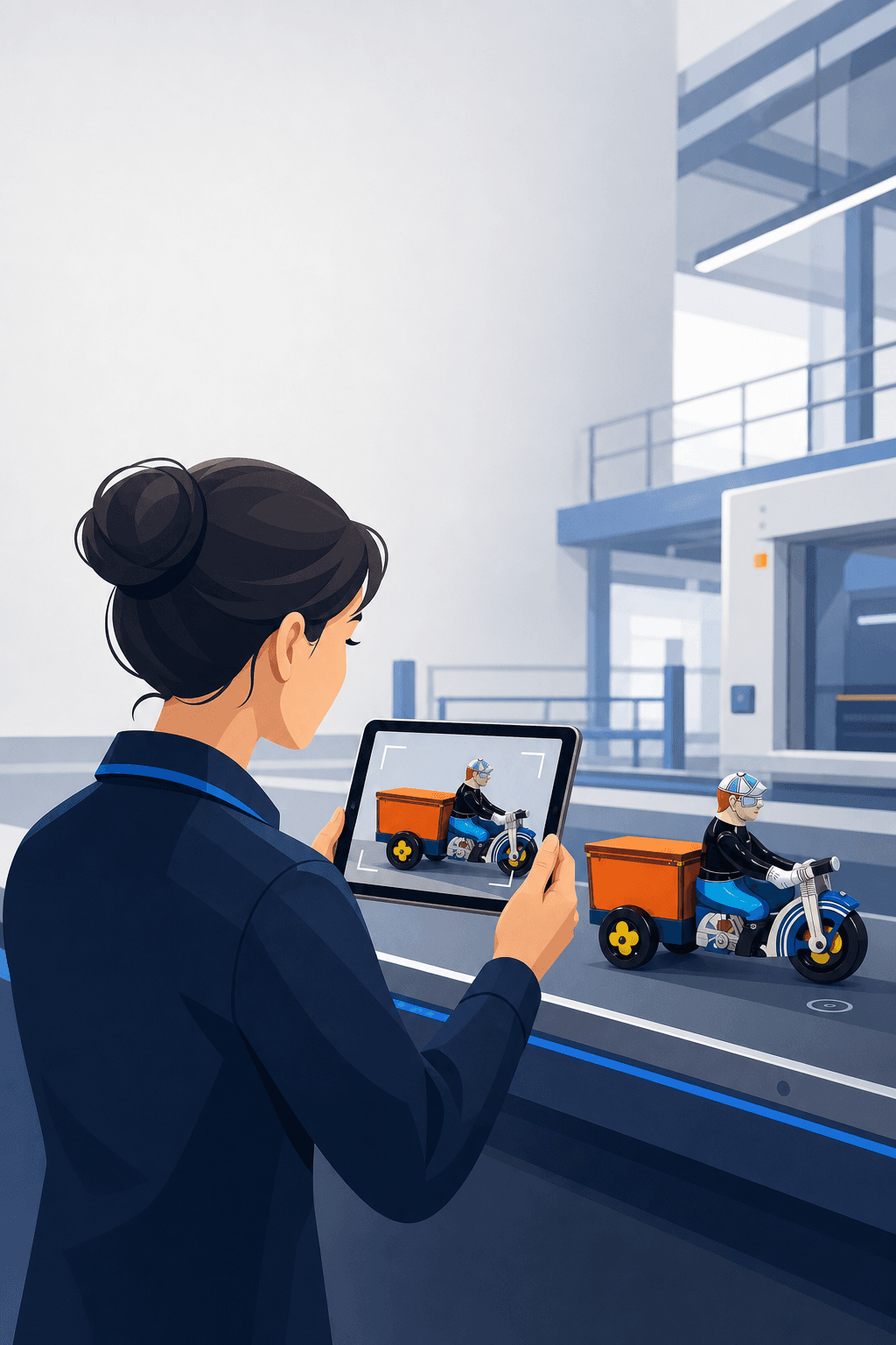 Production coordinator documenting daily factory progress with a tablet